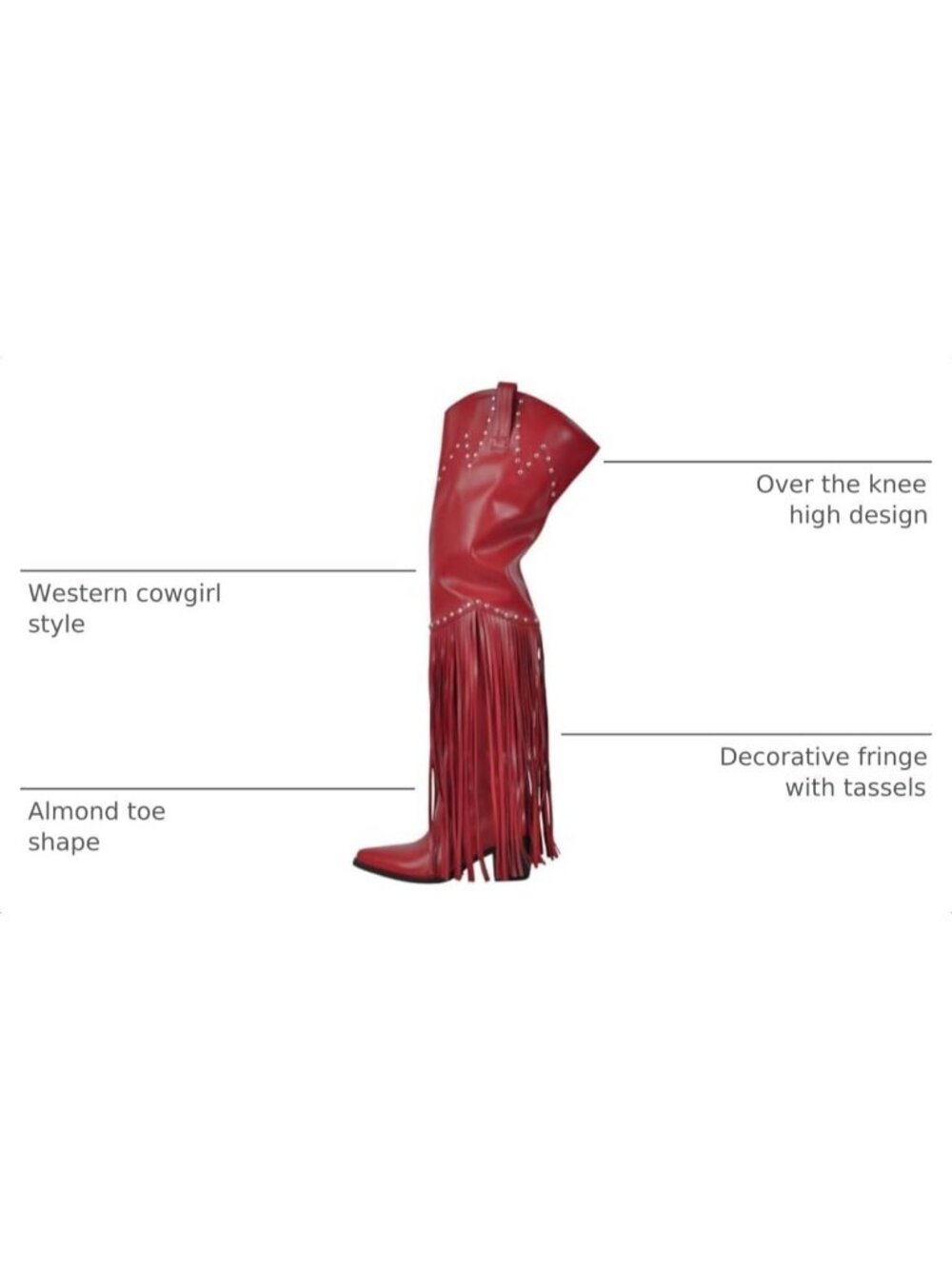 Women's Red Fringe Over Knee Thigh High Western Wide Calf Cowboy Boots - Picture 3 of 6